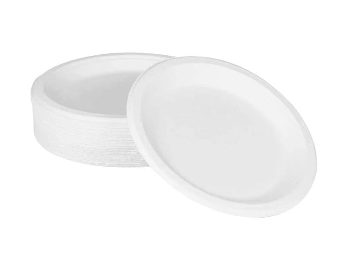 9" White Round Bagasse Plate, 500/cs - BPR09