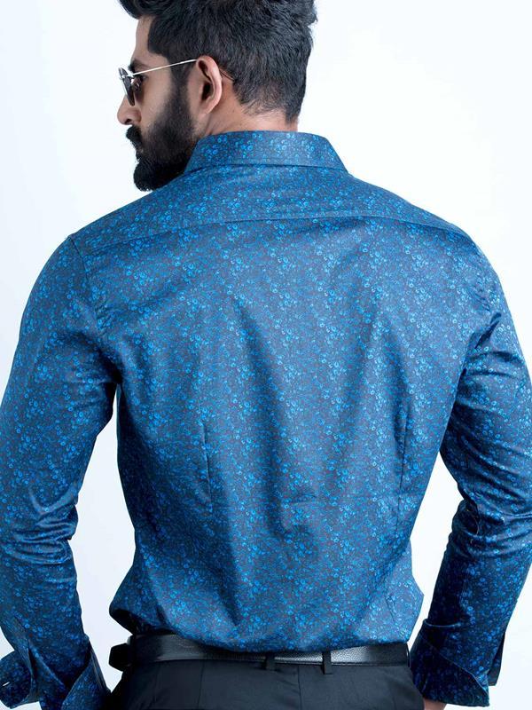 Angello Cobalt Printed Full Sleeve Single Cuff Slim Fit Party Wear Blended Shirt