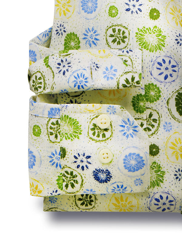 Azores Slub Olive Printed Full Sleeve Tailored Fit Casual Cotton Shirt