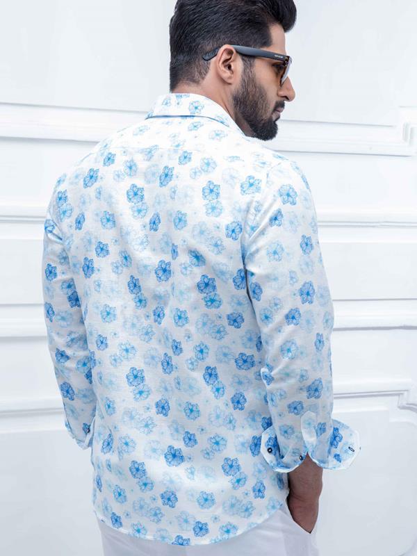 Hardwell Blue Printed Full Sleeve Single Cuff Slim Fit Party Wear Blended Shirt