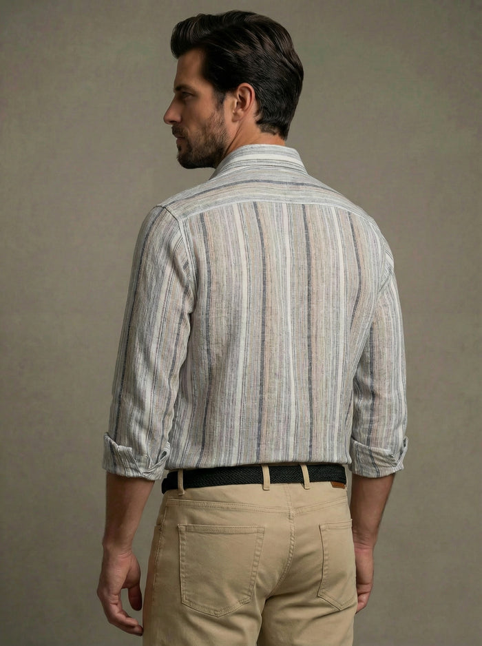 Harman Slub Sand Striped Full Sleeve Tailored Fit Casual Cotton Shirt