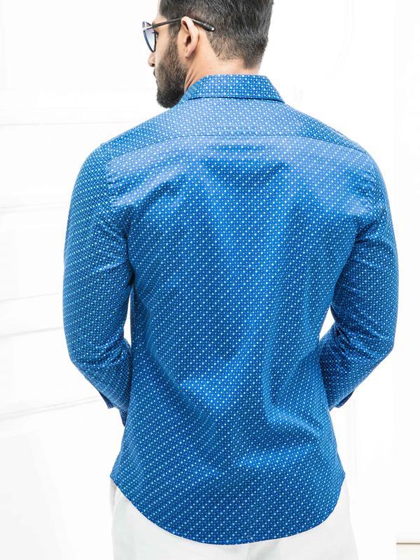 Harris Cobalt Printed Full Sleeve Single Cuff Slim Fit Party Wear Cotton Shirt