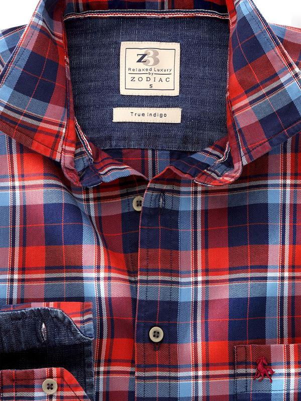 Hugh Indigo Red Check Tailored Fit Cotton Shirt