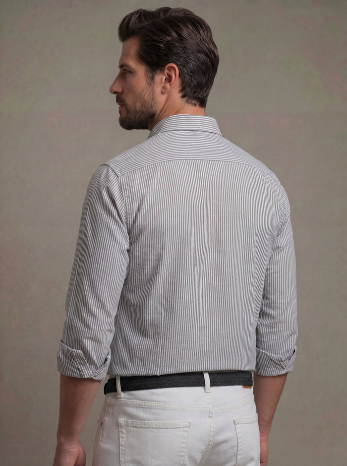 Keegan Oxford Olive Striped Full Sleeve Tailored Fit Casual Cotton Shirt