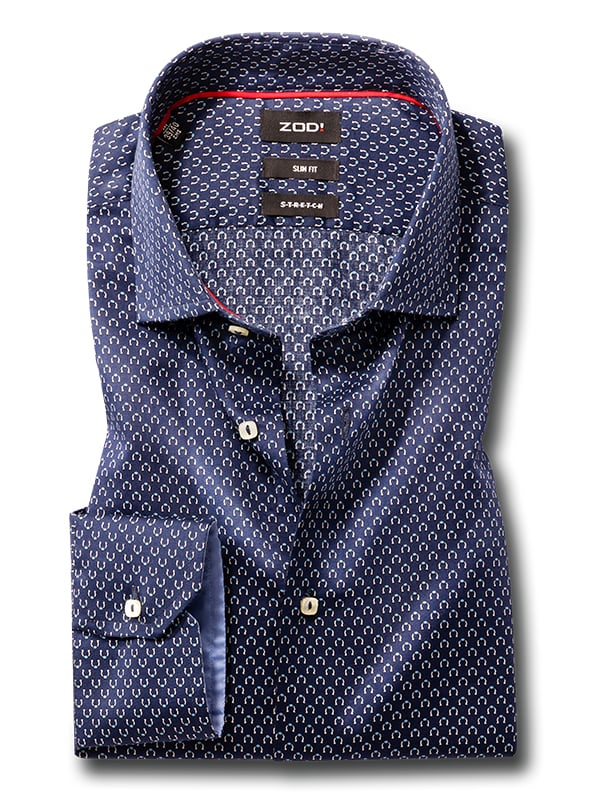 Lavo Navy Printed Full Sleeve Single Cuff Slim Fit Party Wear Blended Shirt