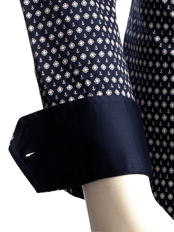 Makai Navy Printed Full Sleeve Single Cuff Slim Fit Party Wear Blended Shirt