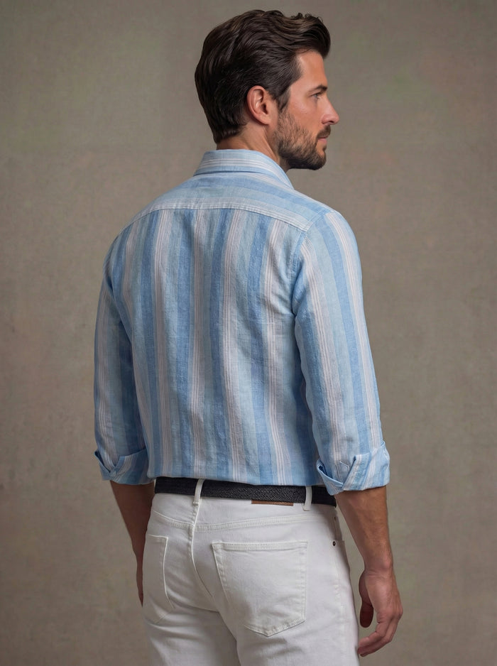 Menorca Crepe Blue Striped Full Sleeve Tailored Fit Casual Cotton Shirt