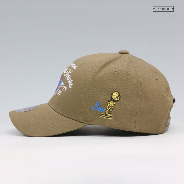 NEW YORK KNICKS 3X NBA FINALS CHAMPIONS SCRIPT LOW PRO OLIVE GREEN MITCHELL & NESS SNAPBACK HAT