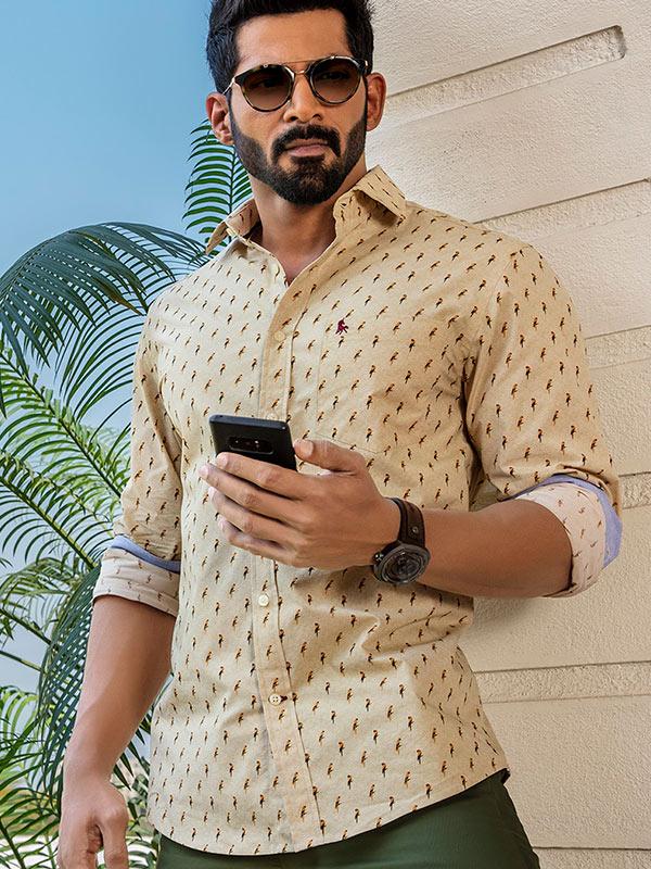 Rio Cream Printed Full sleeve single cuff Cotton Shirt