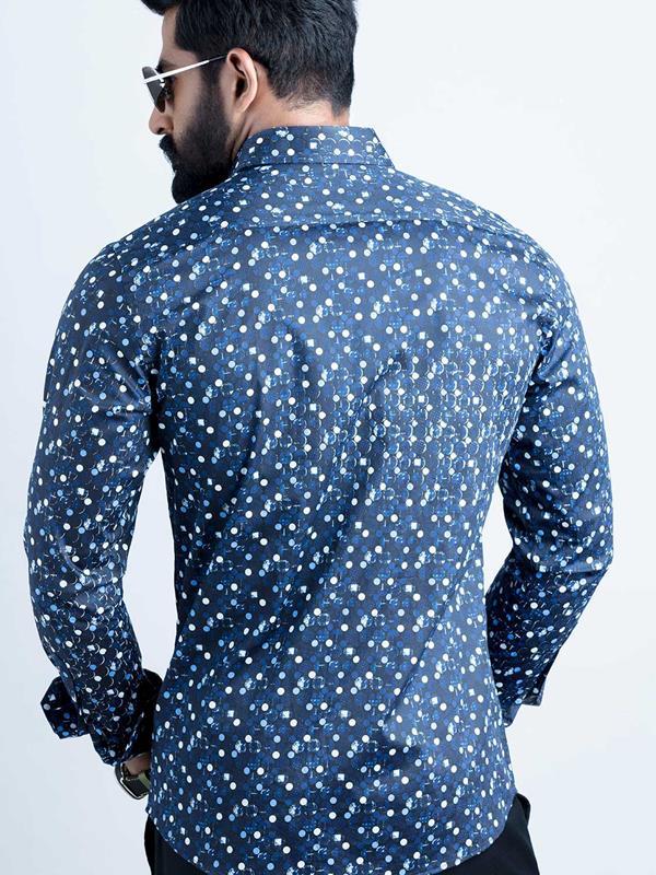 Solomon Cobalt Printed Full Sleeve Single Cuff Slim Fit Party Wear Blended Shirt