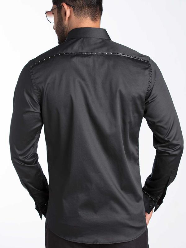 Swanky Black Solid Full Sleeve Single Cuff Slim Fit Party Wear Blended Shirt