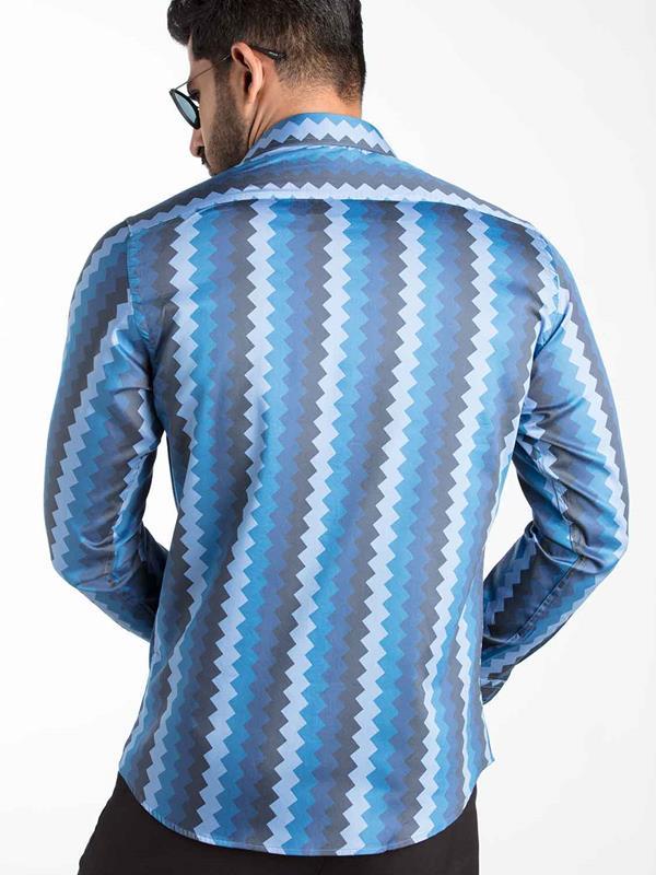 Yves Blue Printed Full Sleeve Single Cuff Slim Fit Party Wear Blended Shirt