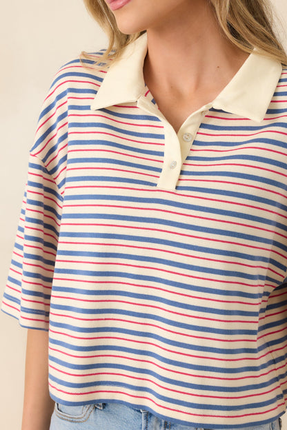 Varsity Charm Blue Multi Stripe Boxy Cotton Polo Top