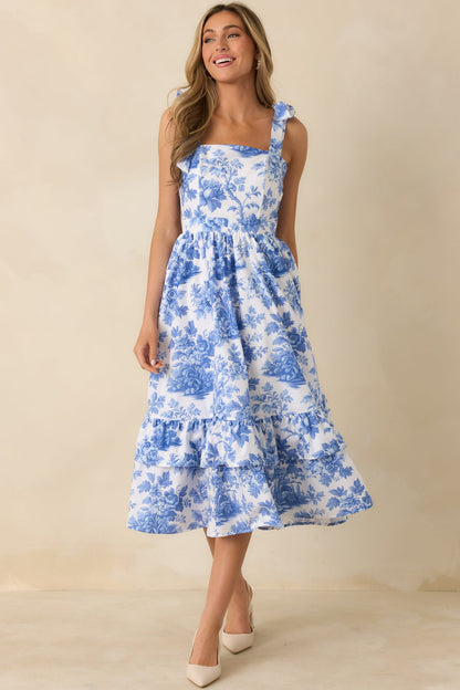 Prosperina Pemberly Blue & White Cotton Floral Tiered Midi Dress
