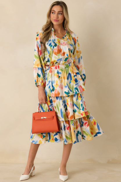 Prosperina Chantilly Multi Cotton Abstract Floral Print Tiered Midi Skirt