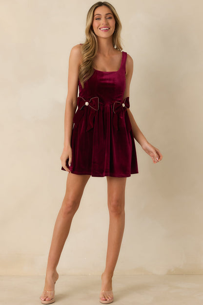 Looking Your Way Burgundy Velvet Bow Detail Mini Dress