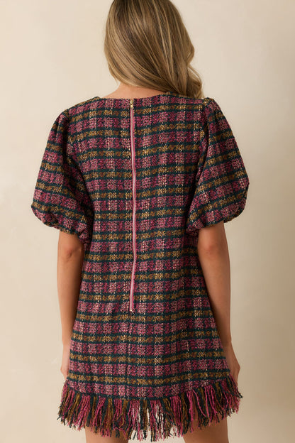 Prosperina Cecelia Pink Multi Plaid Tweed Mini Dress