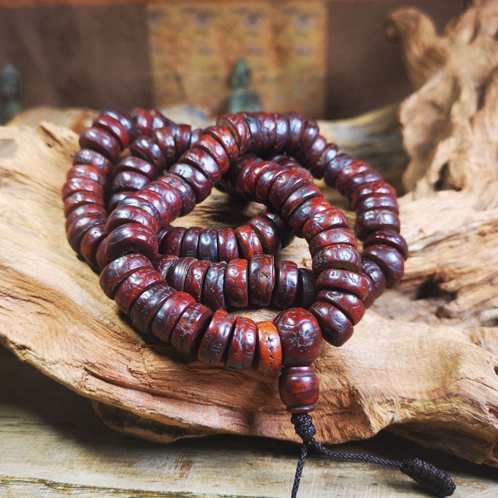 108 Bodhi Bead Mala,Old Prayer Beads Necklace - Tibetan Buddhist mala beads, front view