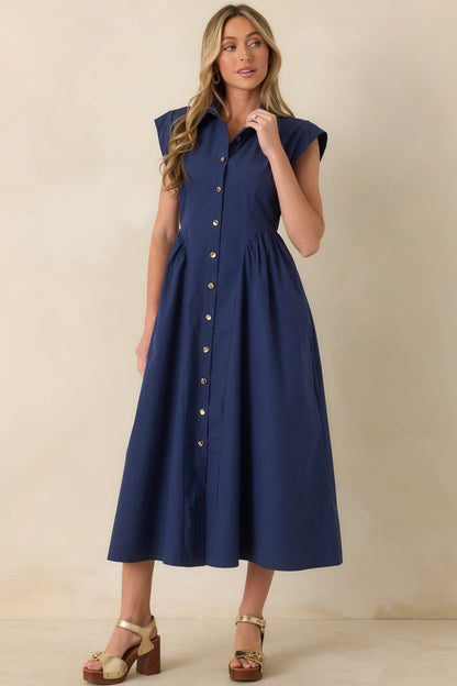 The Good Life Navy Cotton Button Front Midi Dress
