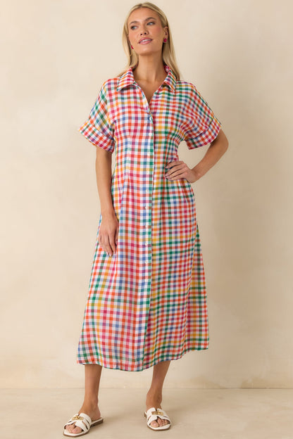 Confetti Forecast Multi Plaid Cotton Button Front Midi Dress
