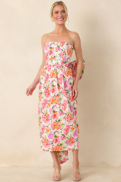 Prosperina Lisette Pink Multi Floral Cotton Strapless Midi Dress