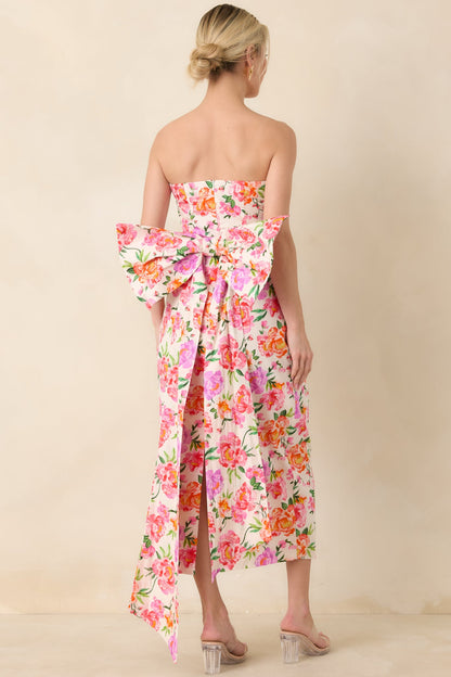 Prosperina Lisette Pink Multi Floral Cotton Strapless Midi Dress