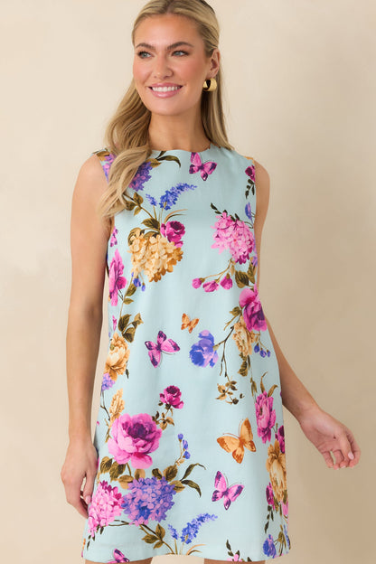 Prosperina Emily Blue Multi Floral Cotton Shift Mini Dress