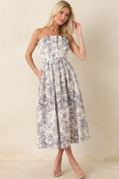 The Genevieve Cotton Navy Blue Toile Strapless Midi Dress