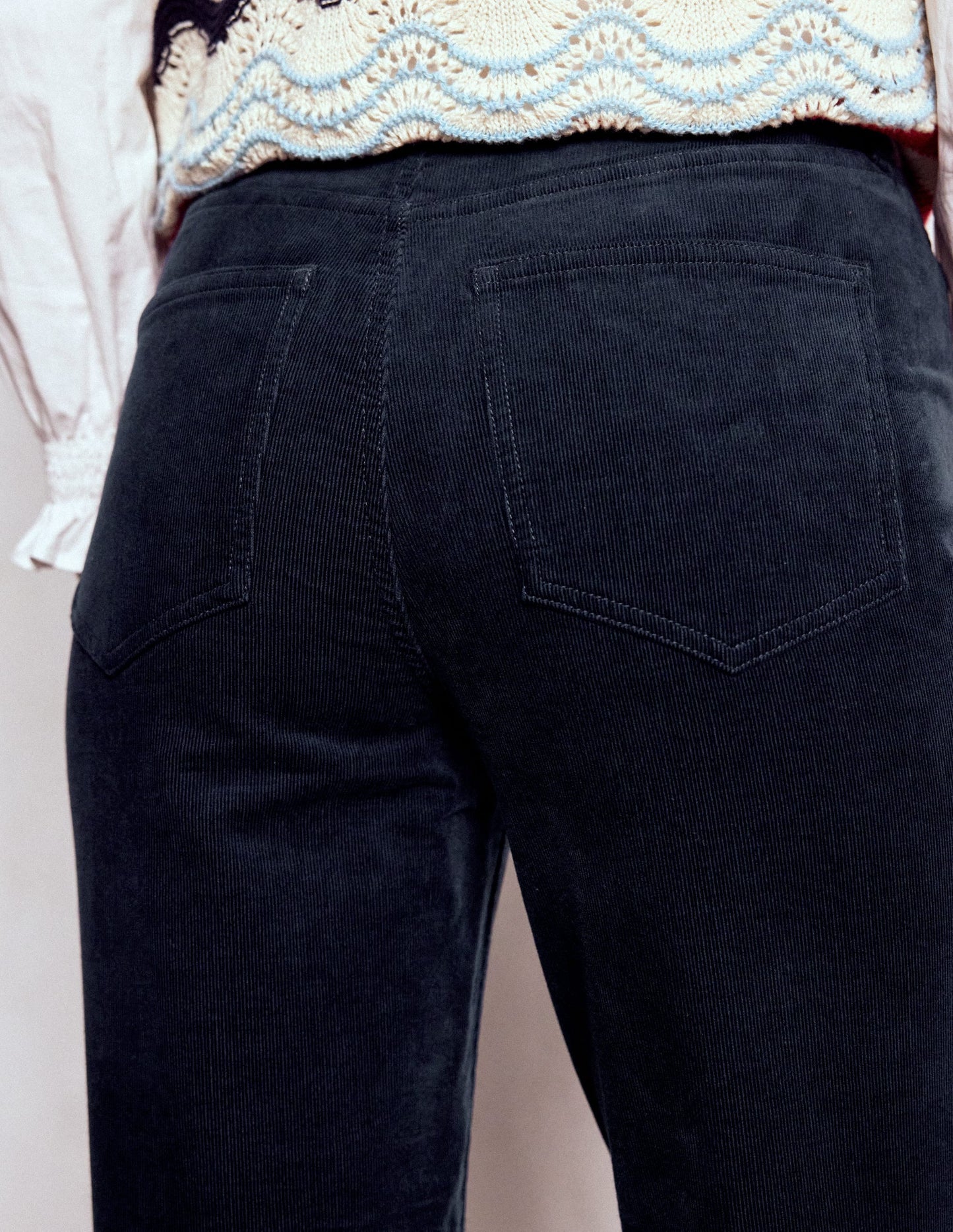 High Rise Cord Slim Jeans-Navy