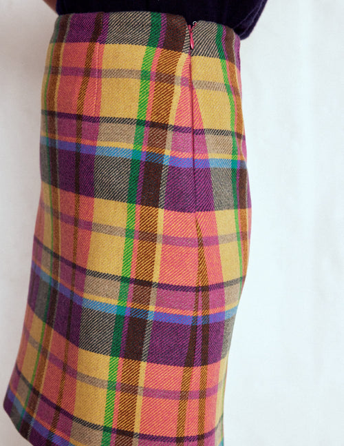 Wool Blend A-Line Skirt-Yellow, Pink and Green Check