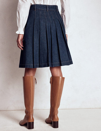Pleated Denim Skirt-Indigo