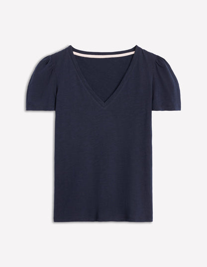 Sophie V-neck Slub T-shirt-Navy