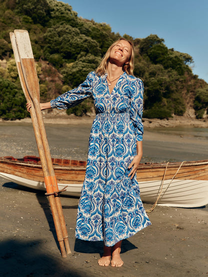 Elena Tiered Cotton Midi Dress-Blue, Ornamental Floral