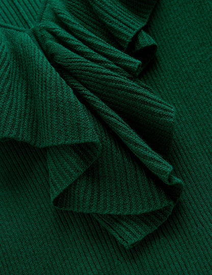Ruffled Ribbed Dress-Emerald Night