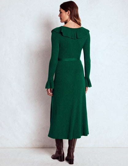 Ruffled Ribbed Dress-Emerald Night