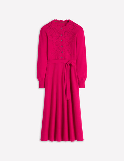 Lace Insert Knitted Midi Dress-Vibrant Pink