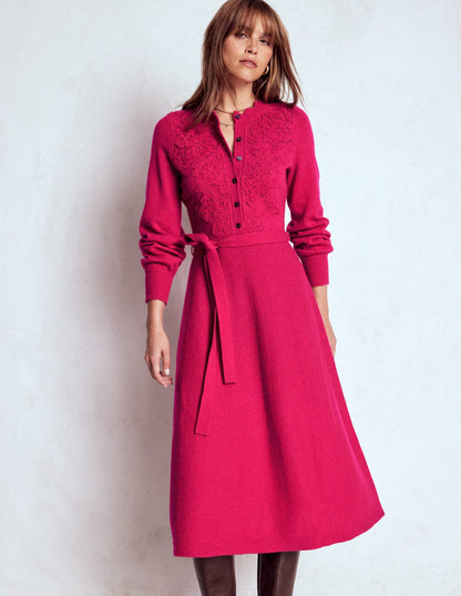 Lace Insert Knitted Midi Dress-Vibrant Pink