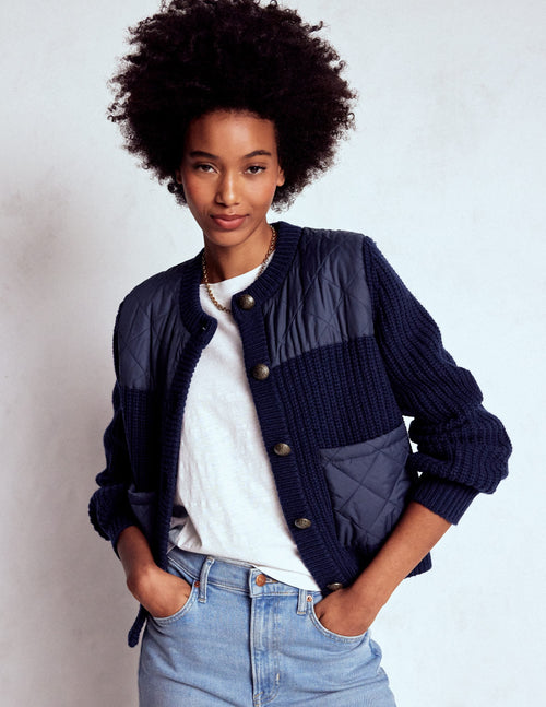 Short Quilted Knitted Jacket-Navy