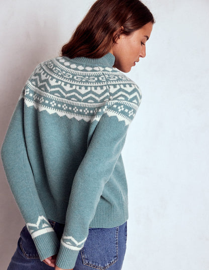 Marion Merino Rib Neck Sweater-Cloud Blue, Fair Isle
