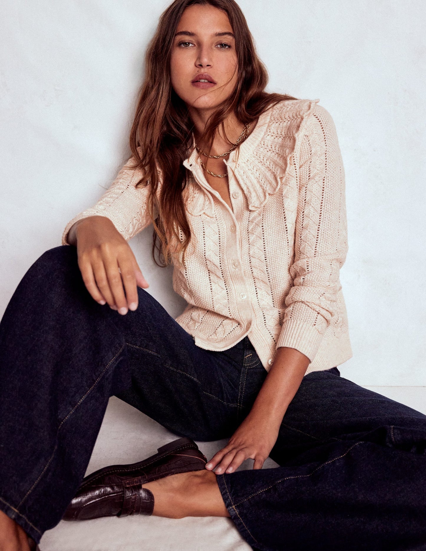 Scallop Collar Cardigan-Warm Ivory Melange