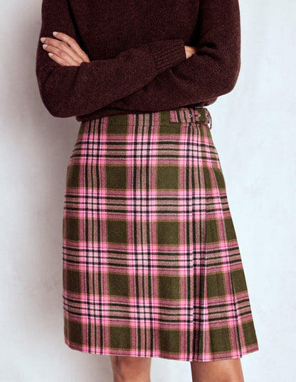 Helen Wool Kilt Skirt-Olive, Green and Pink Check
