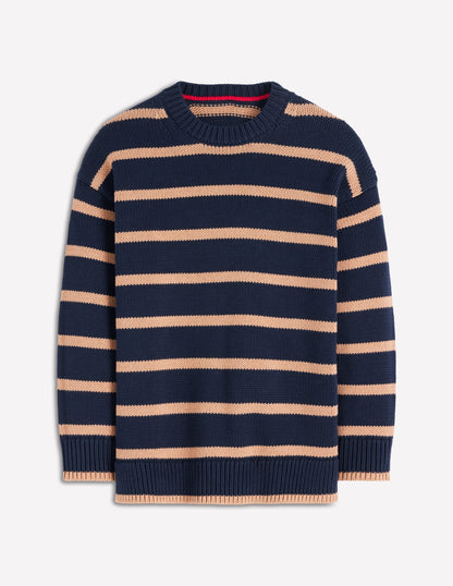 Lucy Oversized Cotton Jumper-Navy/ Camel Melange