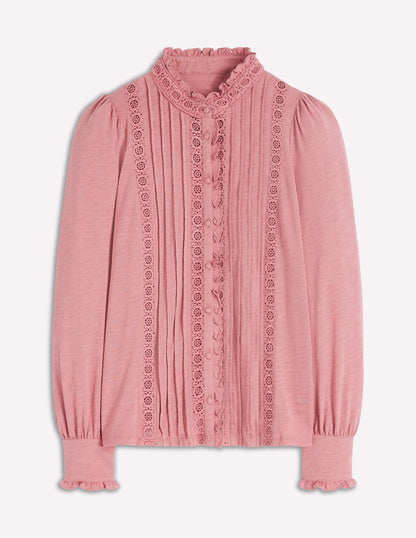 Lace Detail Jersey Shirt-Vintage Rose