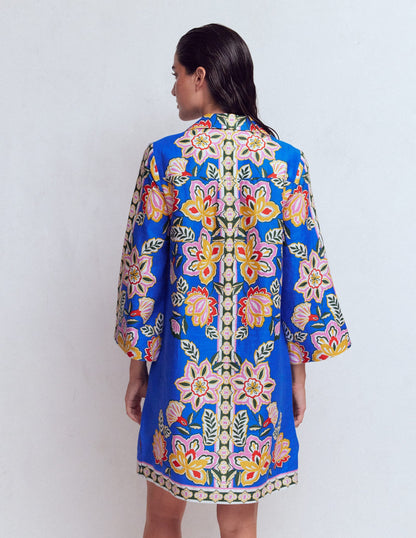 Carmen Linen Short Dress-Blue Blossom Elegance