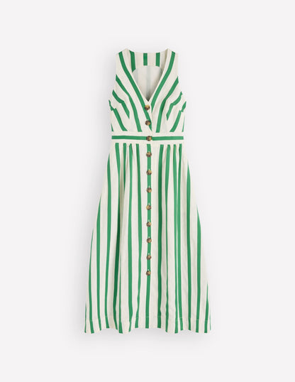 Catherine Button Linen Dress-Ivory and Green Satin Stripe