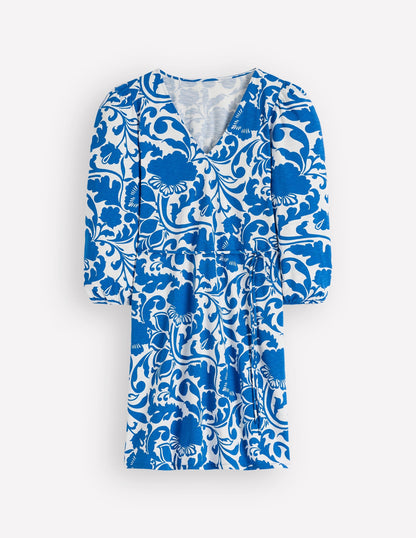 Cary V-Neck Short Dress-Blue, Flourishing Meadow