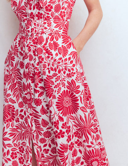 Ruffle Bodice Shirt Dress-Merida Red, Flowerbed Bloom