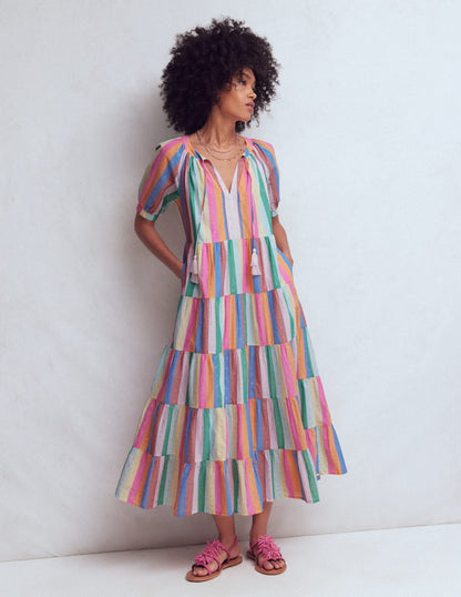 Multi Tiered Maxi Dress-Multi Clipped Stripe