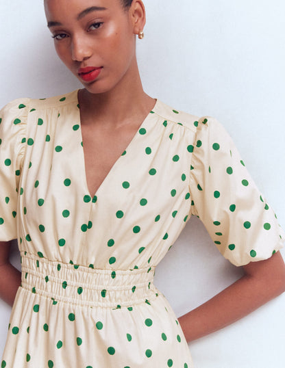 Irene Puff Sleeve Cotton Dress-Ivory Green Spot