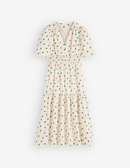 Irene Puff Sleeve Cotton Dress-Ivory Green Spot